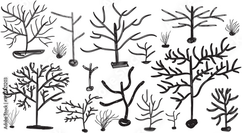 set of silhouettes of trees...Hand drawn grass illustration created with brush strokes. Perfect for nature backgrounds, eco design, landscape projects, and creative artwork.