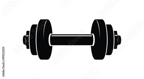 A stark black dumbbell is prominently displayed against a white background emphasizing fitness and strength training silhouette high quality
