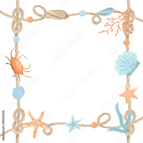 Nautical frame with algae, jellyfish, shell,  seawood, crab. Vector illustration on white background
