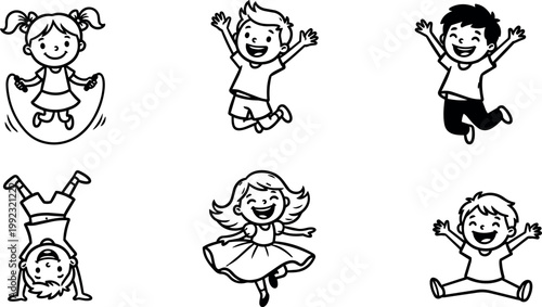 Black and white line art happy children jumping skipping and dancing