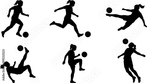 Black silhouette of woman playing soccer kicking juggling and volleying ball