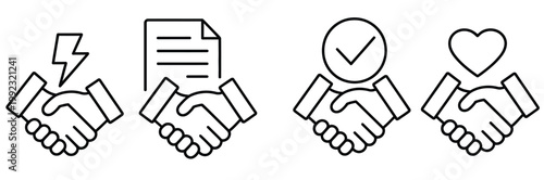 Handshake icon set featuring business agreement symbols, friendly handshake elements, and partnership deal indicators
