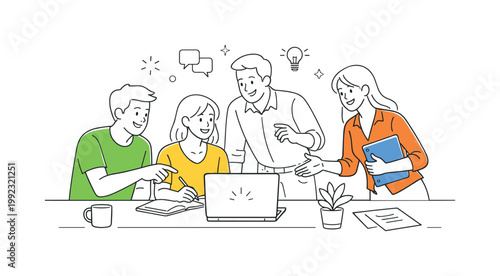Office collaboration workplace scene showing a small group of colleagues working together on shared tasks in a modern office environment, with a meeting table and a