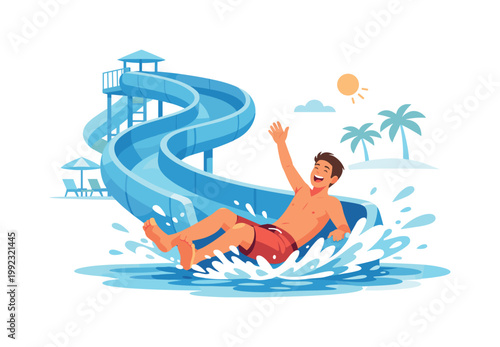 Water slide recreation scenario where a person enjoys a fun ride at a water park during summer leisure time, representing relaxation, entertainment, and active lifestyle