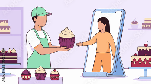 Virtual bakery transaction: Baker delivers cupcake to customer via smartphone