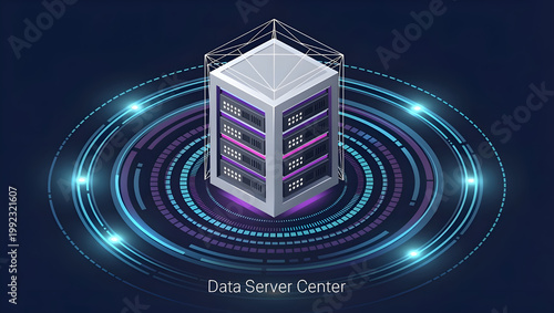 Modern data server center with cloud computing infrastructure, network storage system, digital database management, high performance hosting and cybersecurity technology background