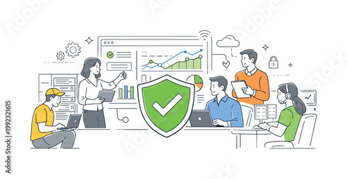 A system monitoring and performance stability scene showing a small team overseeing infrastructure around a large dashboard and a shield icon, using a clean visual