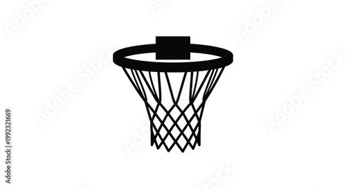 A stark black silhouette of a basketball hoop and net dominates a plain white background creating a minimalist silhouette