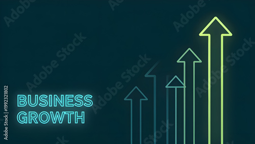 Neon business growth arrows with upward trend, financial success concept, increasing performance metrics, profit expansion and modern corporate analytics background