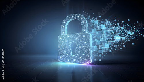 Digital padlock with data particles flowing, cyber security protection concept, encryption technology, secure network access and futuristic information privacy background