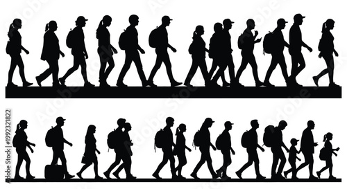 Silhouette of diverse people walking with backpacks and luggage creating a sense of travel and movement