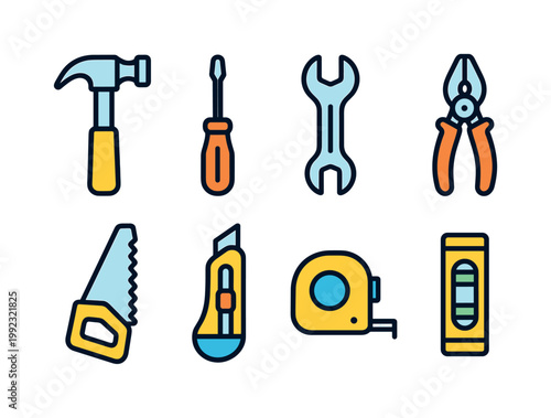 Construction hand tools: hammer, screwdriver, wrench, pliers, hand saw, utility knife, measuring tape, level tool.