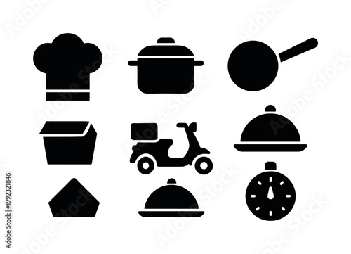 Food service: chef hat, cooking pot, frying pan, serving dish, takeaway box, delivery scooter, food cloche, kitchen timer.