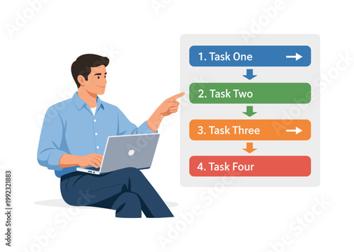 A professional maintaining clear task sequencing in a structured daily routine, seated with a laptop while interacting with a simple ordered step panel and directional