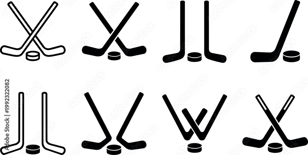 Fototapeta premium Black and white line art and solid hockey sticks with puck icons