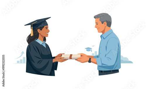 A graduate receiving a diploma while acknowledging support and effort throughout the learning journey, representing recognition and transition into a new phase of life,