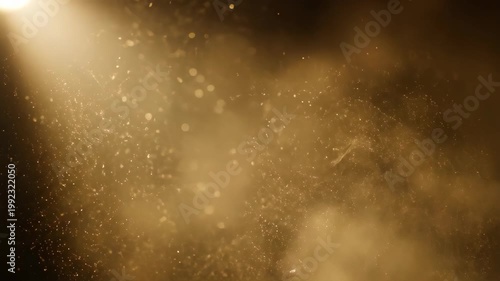 Golden dust particles floating in a warm beam of light. Slow motion abstract background with shimmering glitter. Magical atmospheric motion graphics