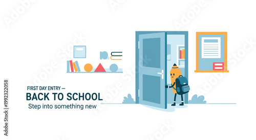 Back to school, education icons, vector illustration, kid with backpack entering classroom