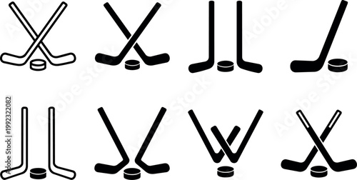 Black and white line art and solid hockey sticks with puck icons