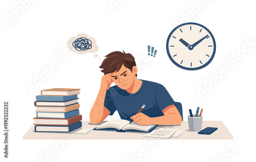 Study stress scenario where a student manages academic pressure while preparing for exams in a quiet workspace, representing mental load, focus, and the challenge of