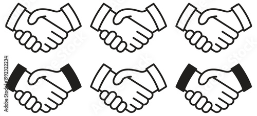 Handshake icon set featuring business agreement symbols, shaking friendly handshake elements, partnership deal indicators