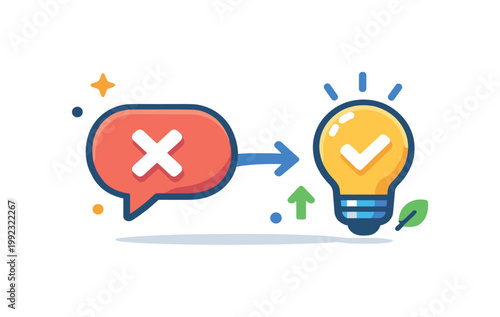 Rejection feedback scenario focused on receiving constructive criticism and improving performance in a professional environment, a speech bubble with a small cross icon
