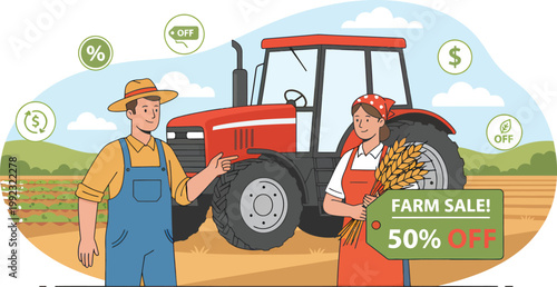 Farm sale vector illustration, tractor promotion, agricultural discount, farmer couple