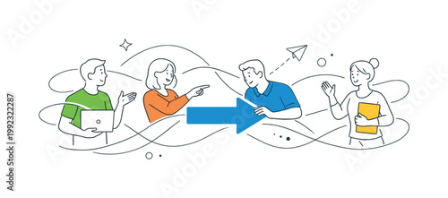 A visual communication concept where designers use abstract squiggles to emphasize flow, connection, and direction in layouts, represented by a minimal composition of