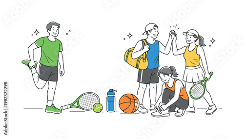 An active lifestyle and fitness scenario where individuals prepare for physical activity and training across different sports disciplines, illustrated through a clean