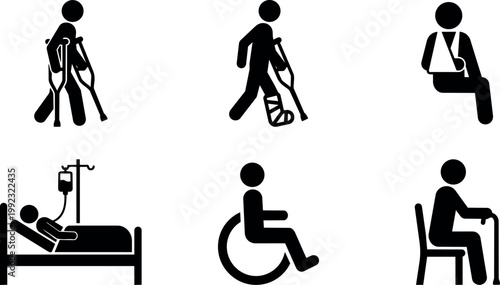 Black and white vector icons of injured and disabled people with crutches wheelchair and hospital bed