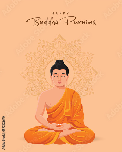 Buddha Purnima Poster With Meditating Buddha And Mandala Background