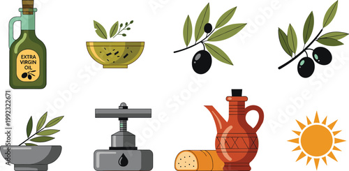 Extra Virgin Olive Oil Vector Icon Set Featuring Organic Olives, Glass Bottle, Oil Press, Mortar and Pestle, Mediterranean Bread, and Sun for Healthy Food Branding