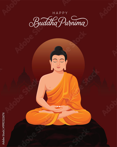 Buddha Purnima Poster With Meditating Buddha On Rock And Red Spiritual Background