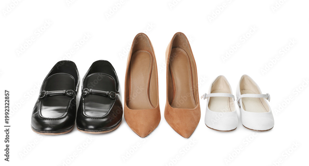 Fototapeta premium Pairs of different stylish shoes isolated on white
