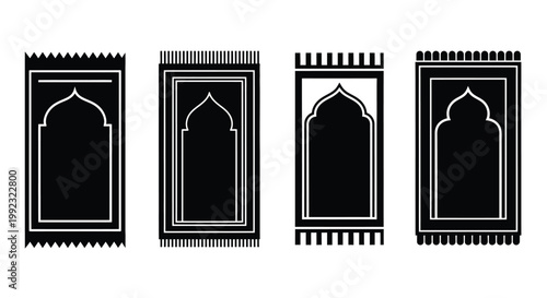 Four islamic prayer rugs displayed in a minimalist black silhouette