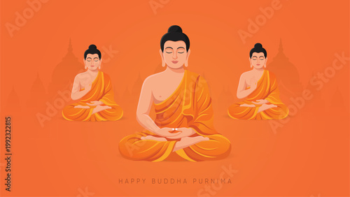 Buddha Purnima Banner With Multiple Meditating Buddha Illustrations