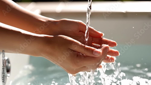 Hands washing under a stream of clear water. Water droplets splashing and flowing. Cleanliness and hygiene concept