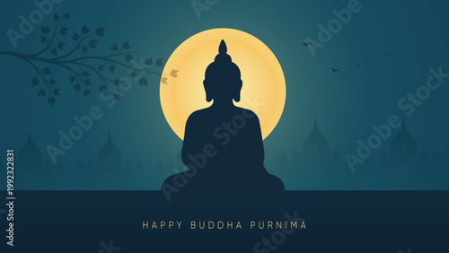 Buddha Purnima Banner With Buddha Silhouette And Moonlit Spiritual Background