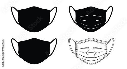 Four black face masks depicted in a striking graphic silhouette