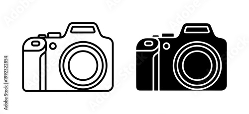 Digital SLR Camera Outline and Silhouette Icon Set