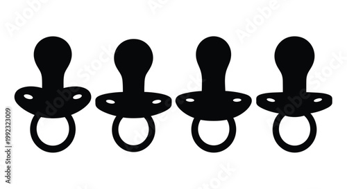 Four black pacifiers displayed in a simple graphic silhouette
