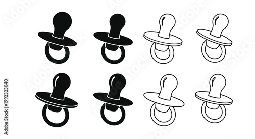 Various baby pacifiers displayed in a simple black silhouette