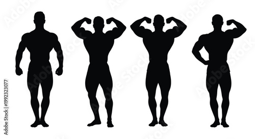 Four muscular men posing showcasing diverse physiques in black silhouette
