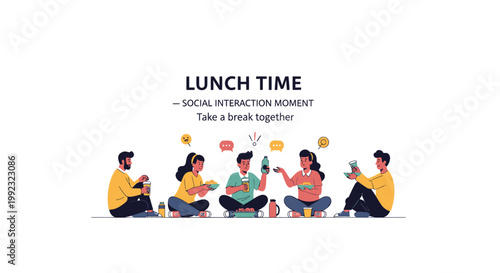 Lunch Time, Social Interaction, People Eating, Break Together, Flat Vector Icons