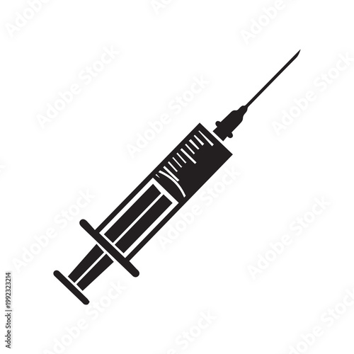 A black and white illustration of a medical syringe with a sharp needle and measurement markings on a white background.