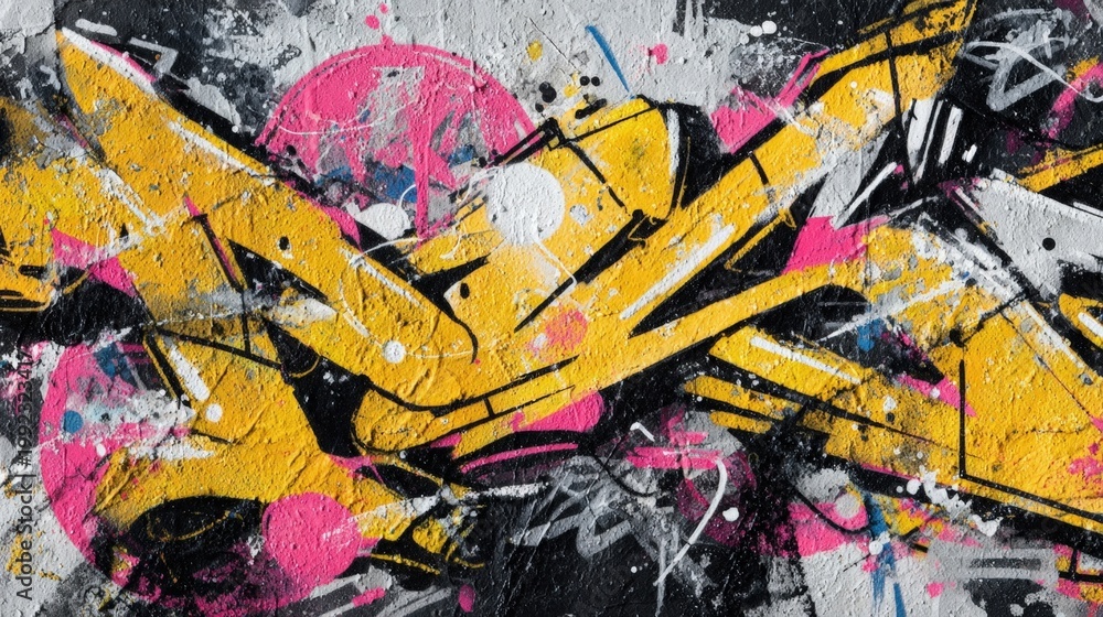 Fototapeta premium Vibrant Graffiti Wall Art with Abstract Yellow and Pink Spray Paint Splatters, Urban Street Art Background Texture on Concrete, Creative Artistic Hip Hop Style Mural for Modern Graphic Designs