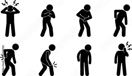 Black silhouettes of eight different body pain and discomfort poses vector art
