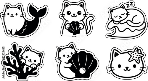 Cute cat characters with seashells sea star and mermaid tail