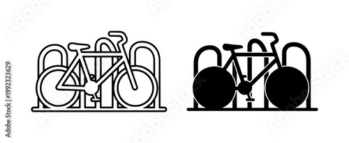 Bicycle parking rack icons, bike stand illustrations, cycling storage, urban infrastructure