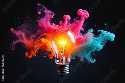Vibrant light bulb with colorful smoke explosion